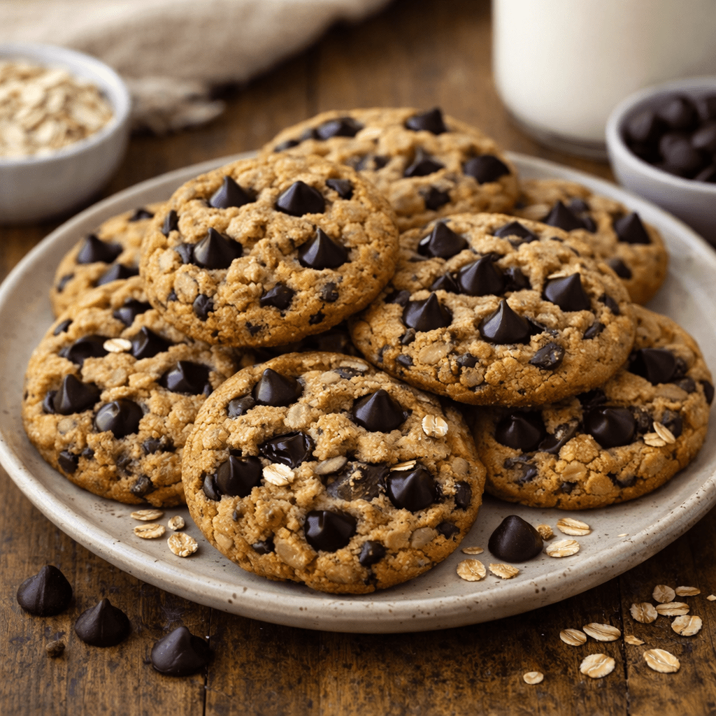Plate of oatmeal chocolate chip cookies with visible oats and chocolate chips