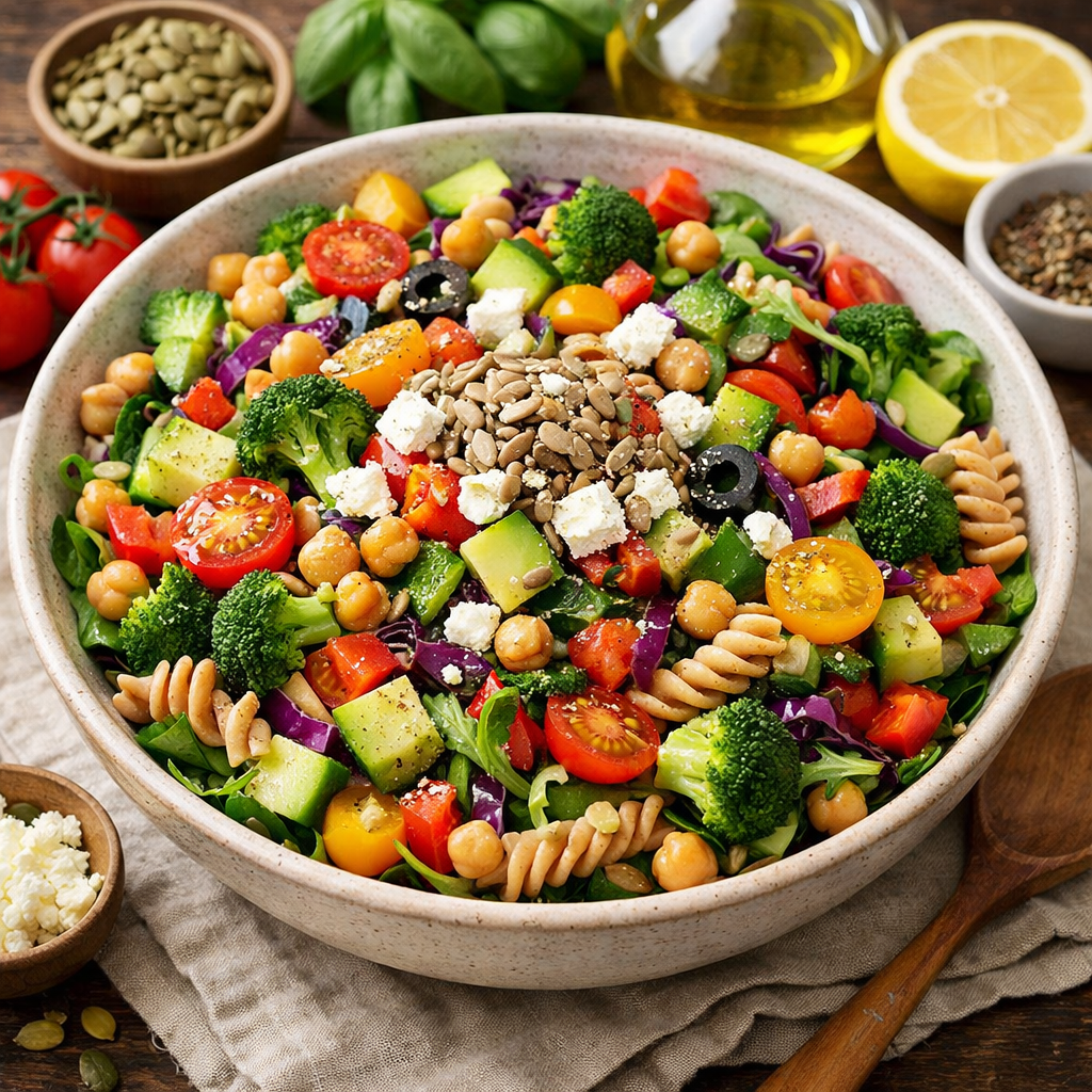 Mediterranean salad with cherry tomatoes, broccoli, cucumber, chickpeas, olives, feta cheese, and pasta