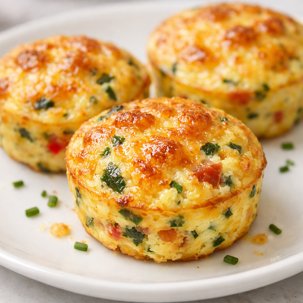 Three baked egg muffins with visible herbs and cheese on a white plate