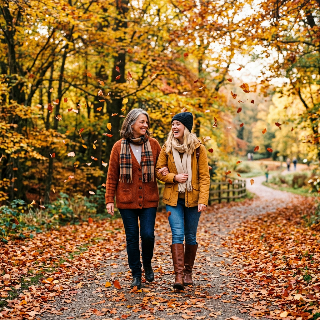 Mother and daughter walking on path covered in autumn leaves, smiling and holding arms